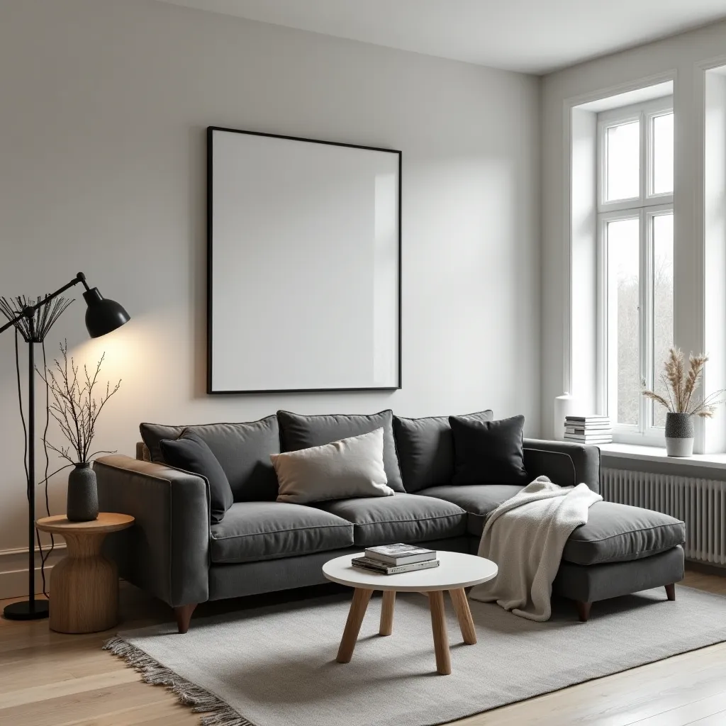 Modern living room featuring a stylish grey sofa with black and cream accents, complemented by a sleek floor lamp and minimalist decor, perfect for grey black cream living room ideas.