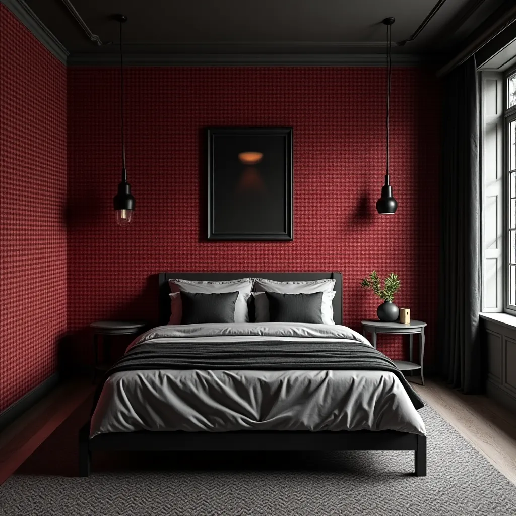 Modern bedroom featuring black and red walls, showcasing stylish design ideas with a cozy bed, pendant lighting, and a touch of greenery for a sophisticated ambiance.