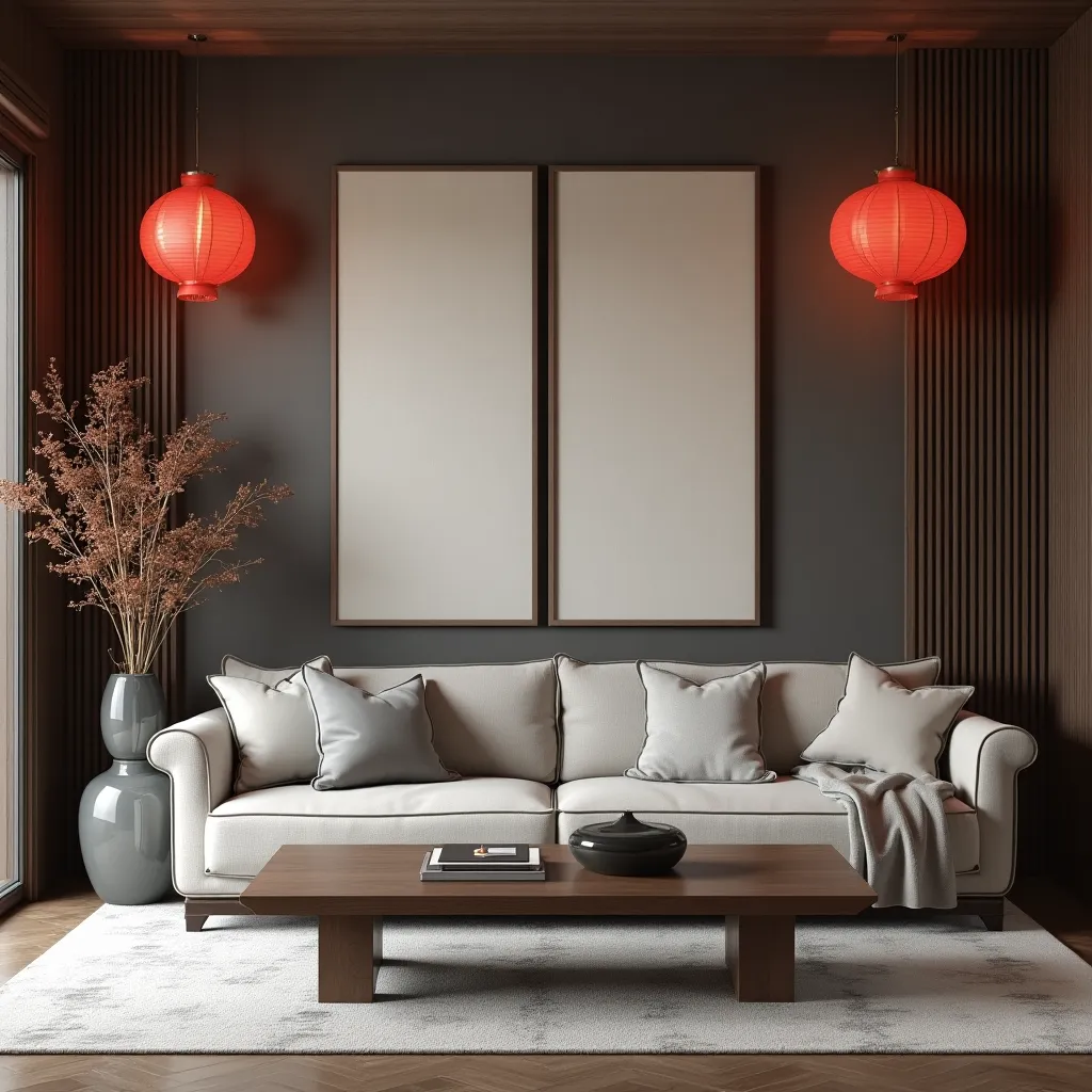 Modern grey and red living room ideas featuring a sleek grey sofa with plush cushions, accented by vibrant red lanterns. The room is elegantly styled with a wooden coffee table, neutral wall art, and a large vase with dried branches, creating a harmonious blend of contemporary design elements.