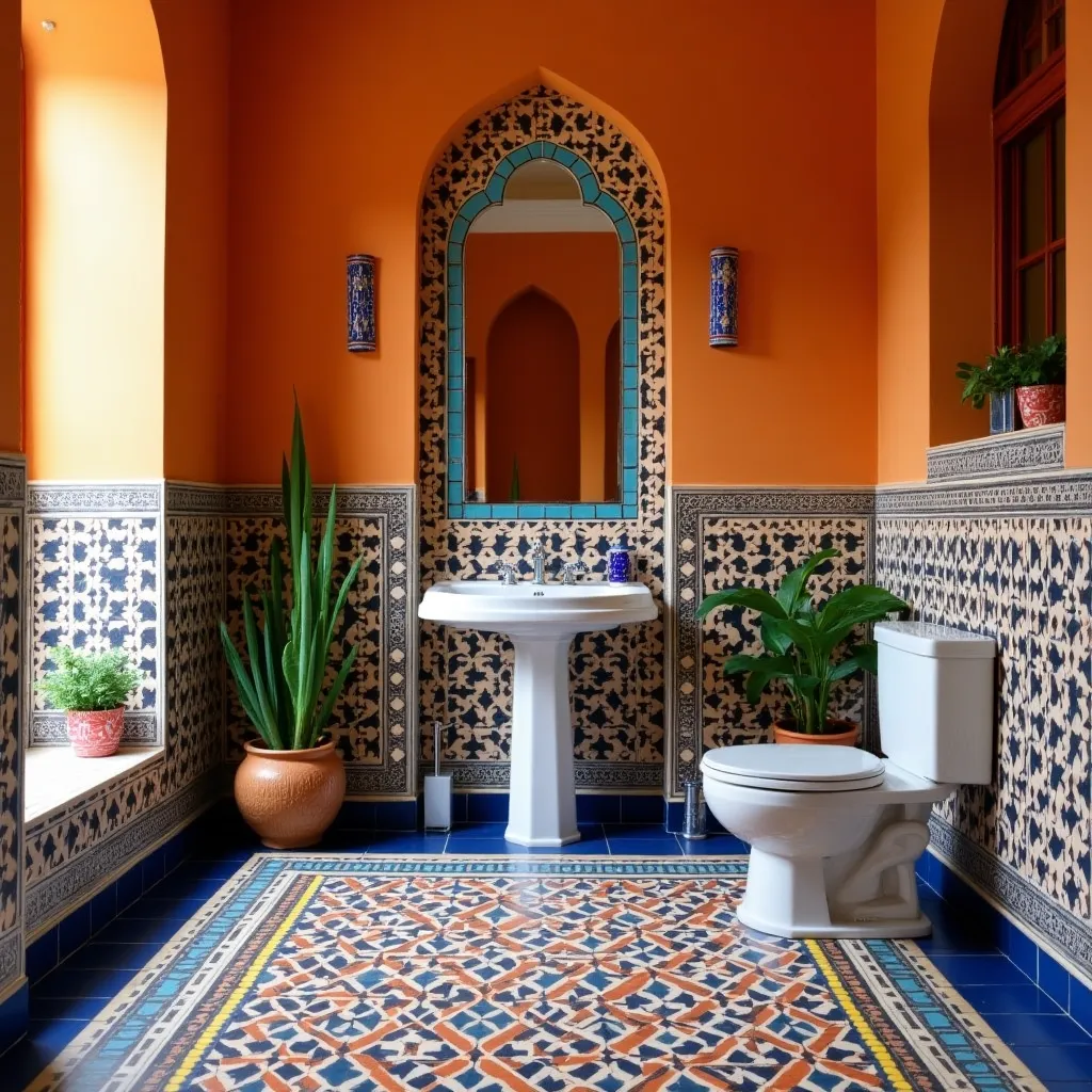 Elegant bathroom design featuring vibrant orange walls and intricate blue tile patterns, showcasing creative orange and blue bathroom ideas with a stylish pedestal sink and lush green plants for a refreshing ambiance.
