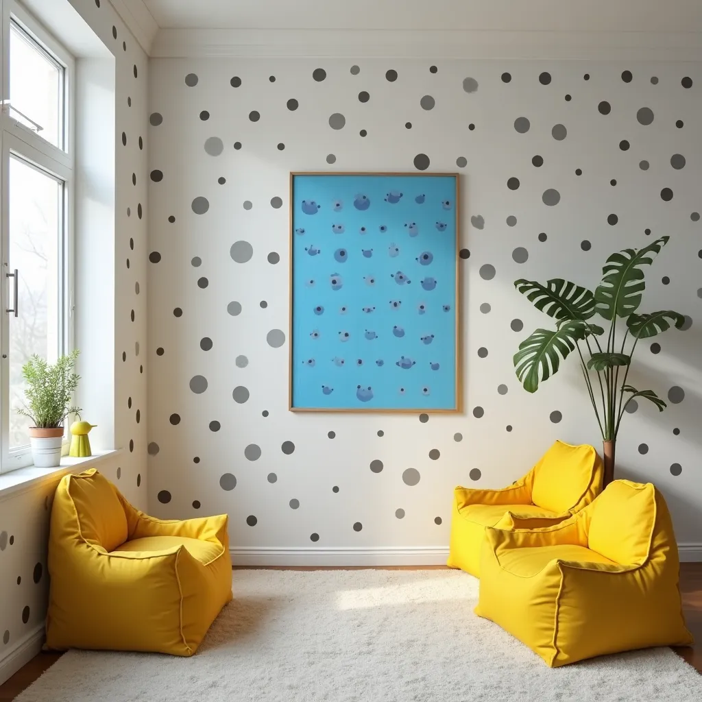 Bright and modern living room featuring vibrant yellow bean bag chairs, a playful grey polka dot wall, and a striking blue artwork, perfect for those seeking yellow grey blue living room ideas.