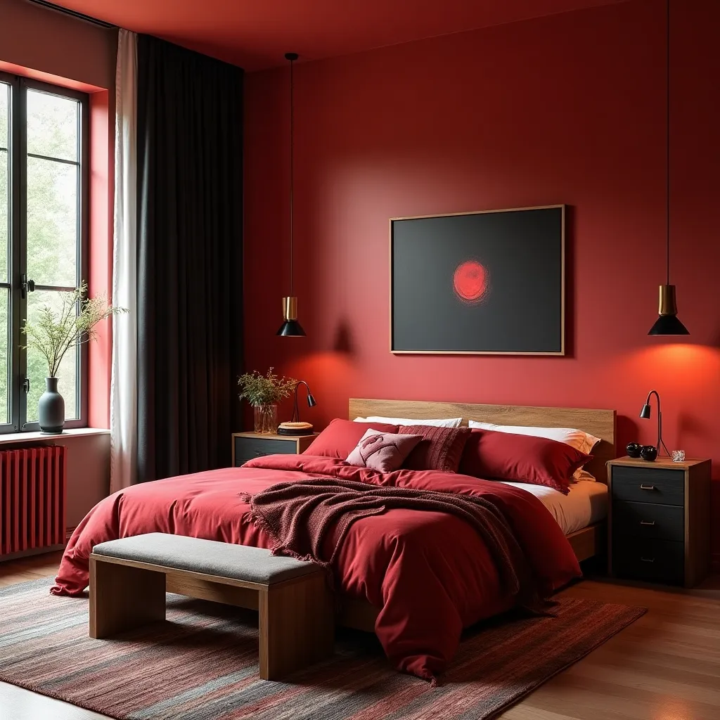 Modern bedroom design featuring a striking red and black color scheme, with a cozy red bedspread, black nightstands, and elegant pendant lighting, perfect for those seeking bold bedroom ideas in red and black.