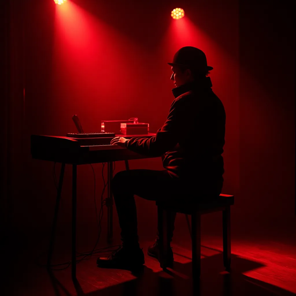 A stylish black and red bedroom design idea featuring a dramatic red lighting setup, creating a cozy and modern ambiance. The silhouette of a person at a keyboard adds a creative touch, perfect for music enthusiasts looking to enhance their bedroom decor.