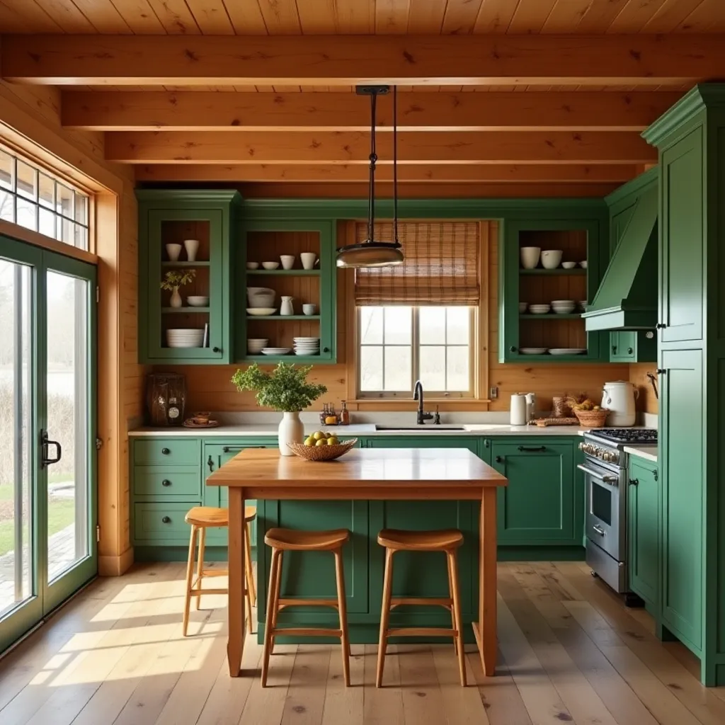 A cozy green and orange kitchen featuring vibrant green cabinets, a wooden island with matching stools, and natural light streaming through large windows, creating a warm and inviting atmosphere.