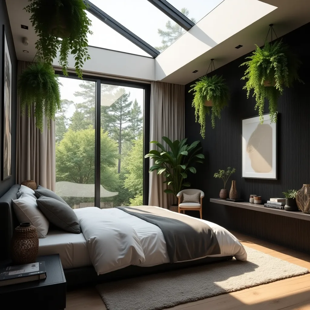 Modern black and beige bedroom featuring a sleek design with a large window, skylight, and lush greenery, offering stylish and serene black and beige bedroom ideas for a contemporary home.