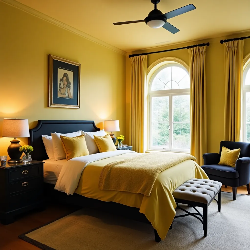 A stylish bedroom featuring black and yellow decor ideas, with a black bed frame, yellow bedding, and matching curtains, complemented by black nightstands and a cozy armchair, creating a modern and inviting atmosphere.