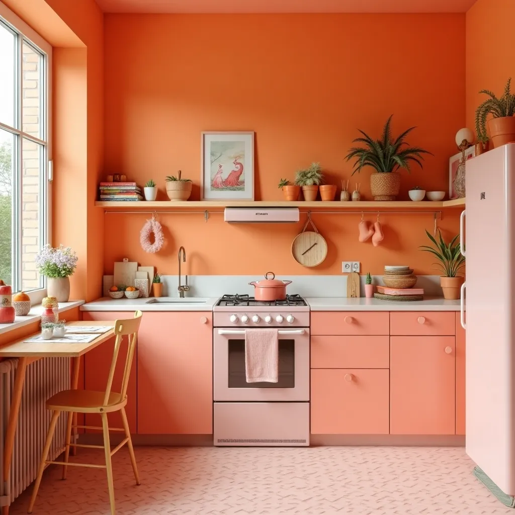Bright and inviting kitchen featuring vibrant orange walls and decor, showcasing modern orange kitchen decor ideas with stylish cabinetry, potted plants, and a cozy dining nook by the window.