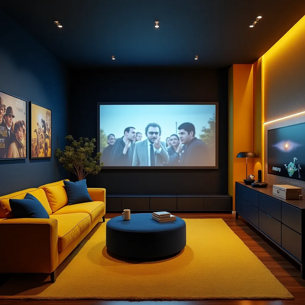 Modern home theater featuring a stylish mustard yellow and navy blue color scheme, with a cozy mustard yellow sofa and matching rug, complemented by navy blue walls and decor, perfect for inspiring mustard yellow and navy blue room ideas.