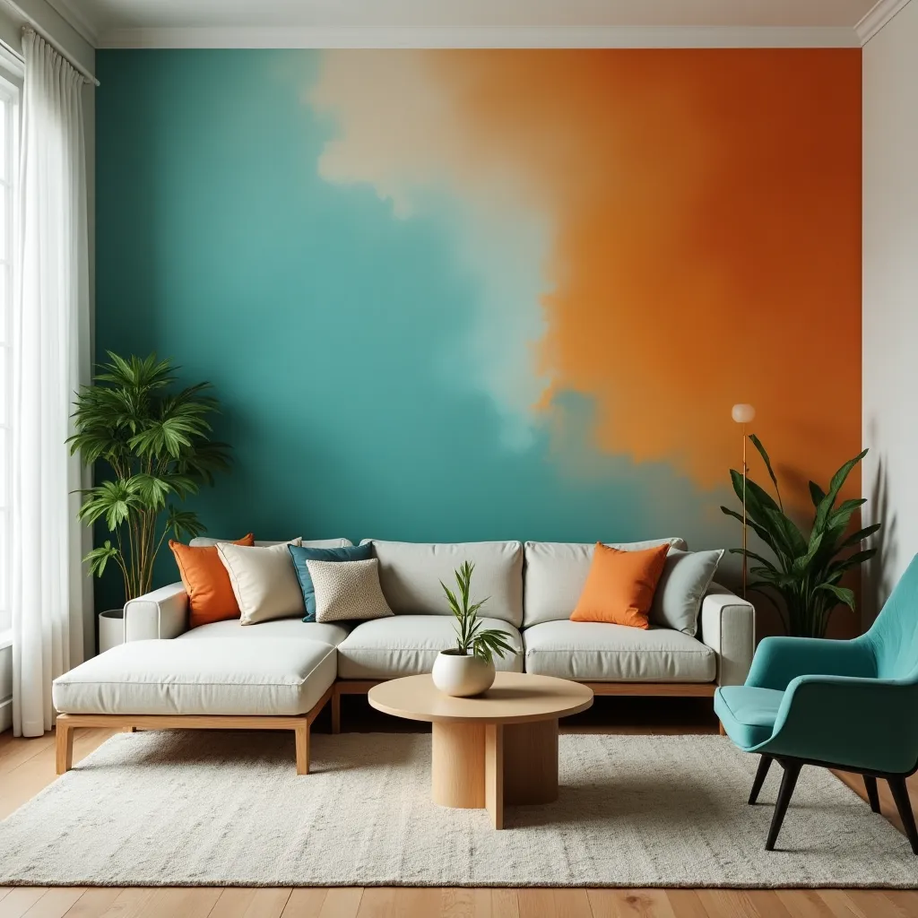 Modern living room featuring a stylish turquoise and orange color scheme, with a comfortable sectional sofa adorned with vibrant cushions. The room is enhanced by a striking accent wall blending turquoise and orange hues, complemented by a sleek armchair and lush green plants, offering fresh turquoise and orange living room ideas for a contemporary home design.
