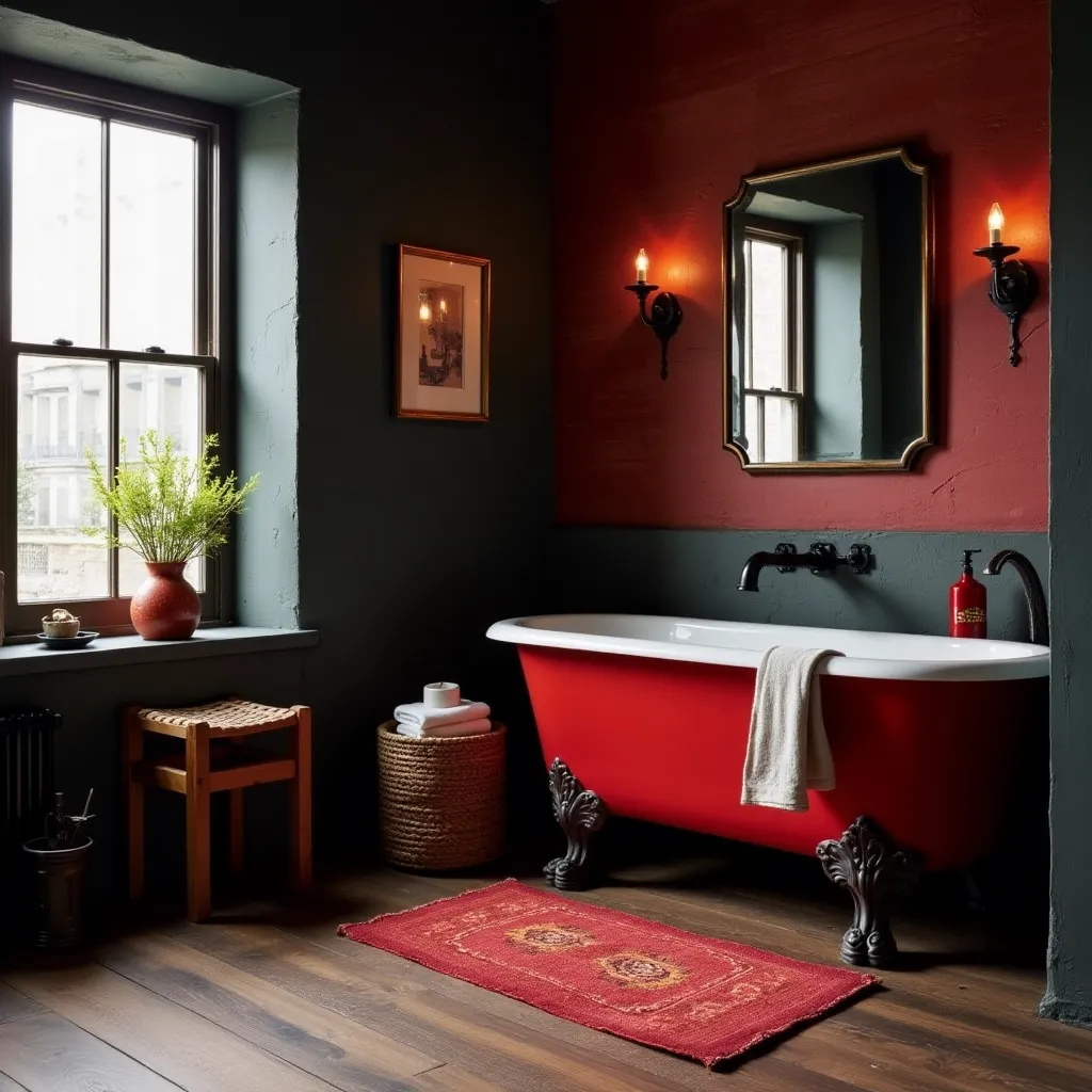 Elegant black and red bathroom featuring a vintage red clawfoot tub, dark walls, and warm lighting, showcasing stylish black and red bathroom decorating ideas with a cozy, modern touch.