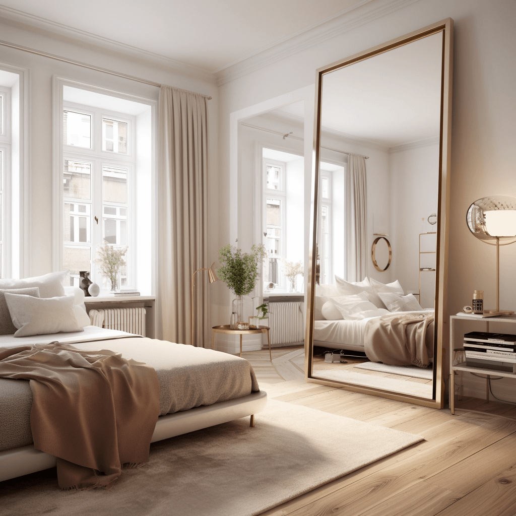 a small room with a mirror on the wall