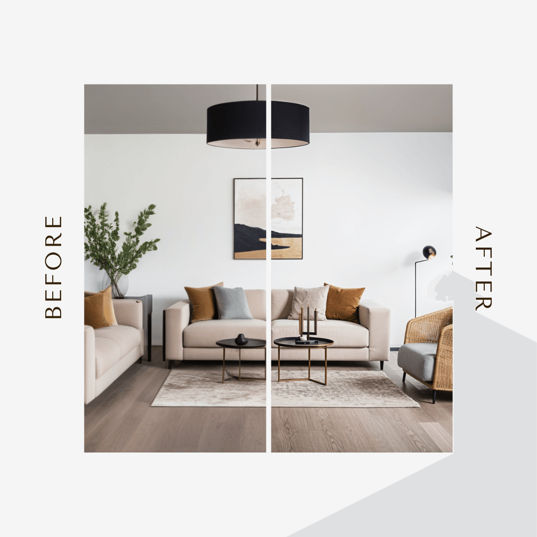the before and after of a living room