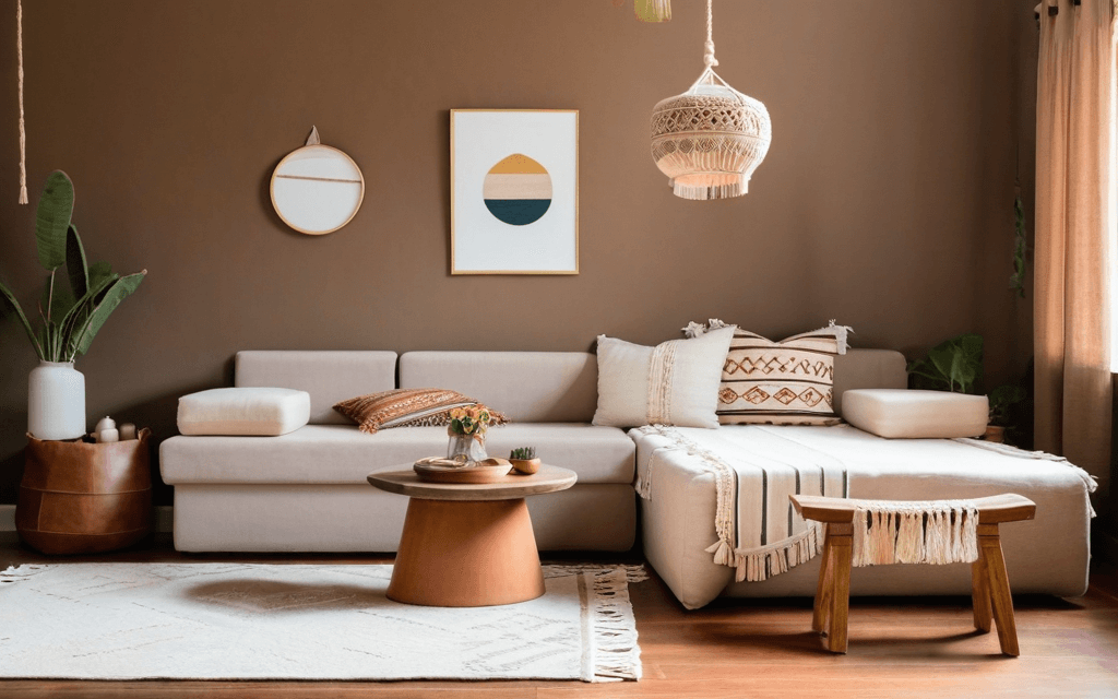 a living room designed in a chic bohemian style