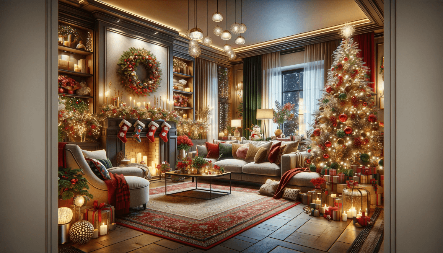 a living room designed in a Christmas style