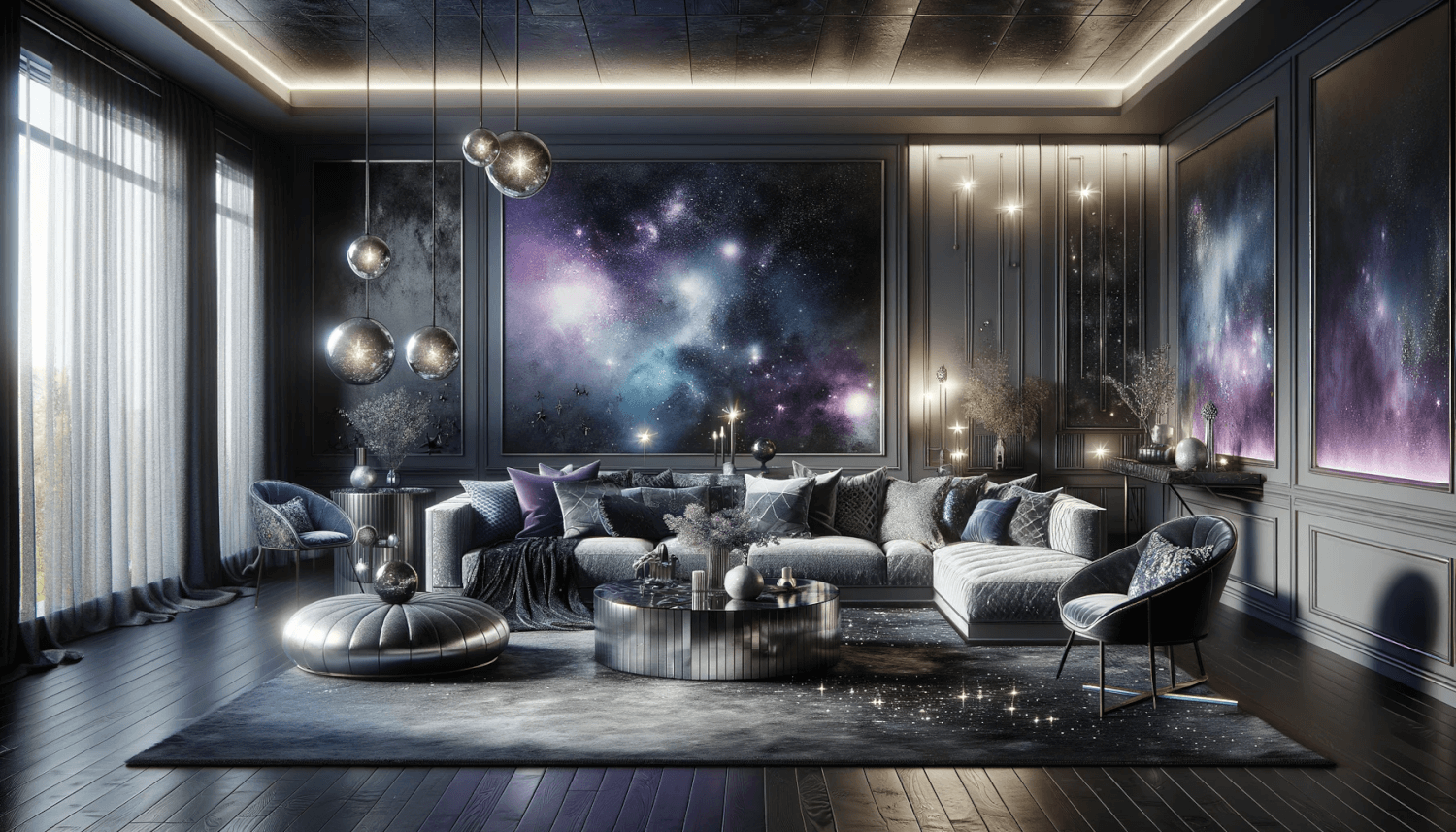 a living room designed in a cosmic chic style