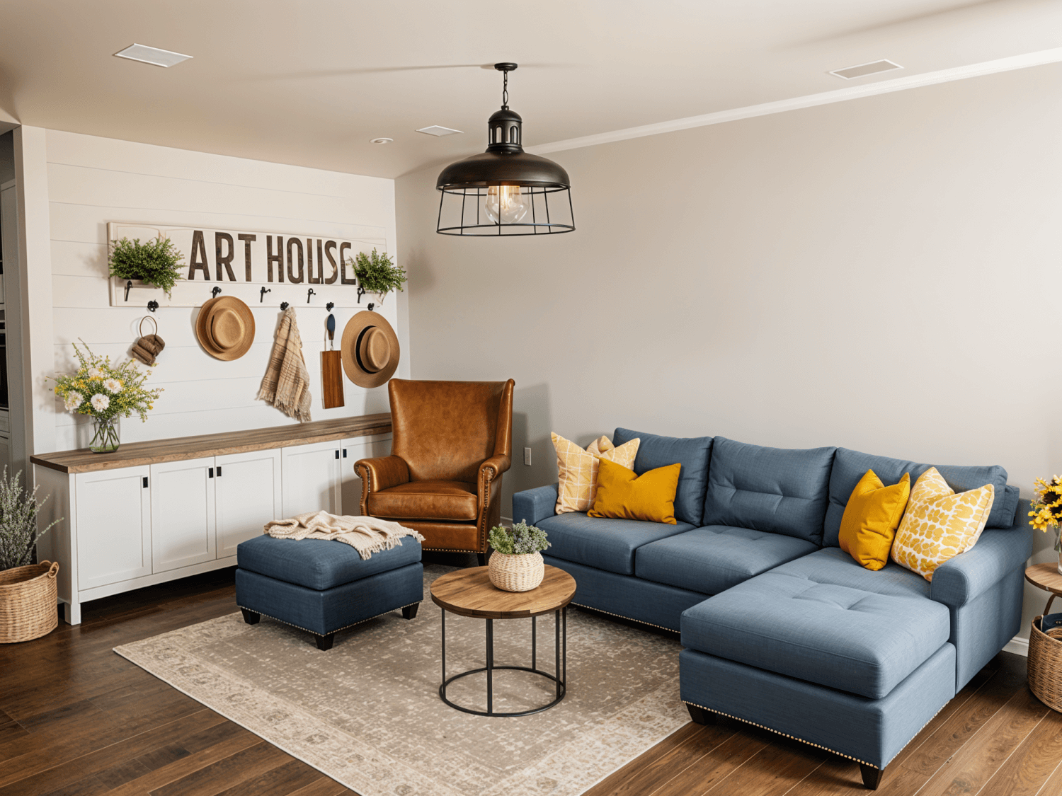 A living room with a couch and chairs.