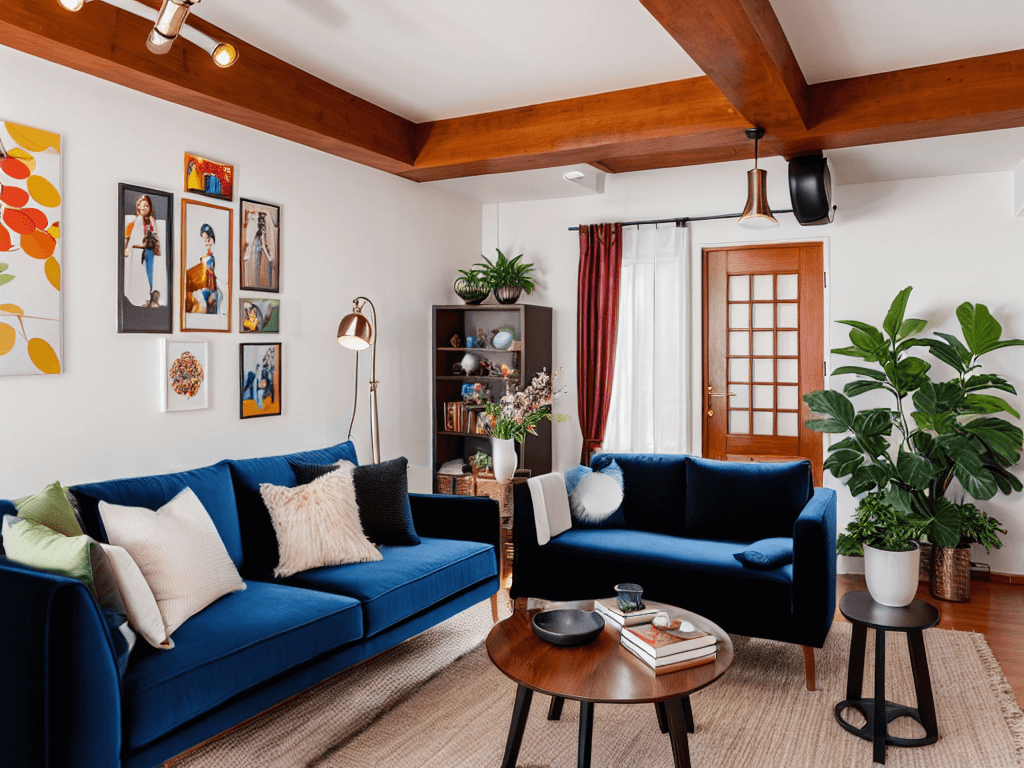 A cozy and vibrant living room featuring two navy blue couches adorned with a variety of throw pillows. The room includes a wooden coffee table, a floor lamp, and a bookshelf filled with books and decorative items. Colorful artwork hangs on the walls, and lush green plants add a touch of nature. The space is brightened by natural light coming through a door with a window, creating a warm and inviting atmosphere.