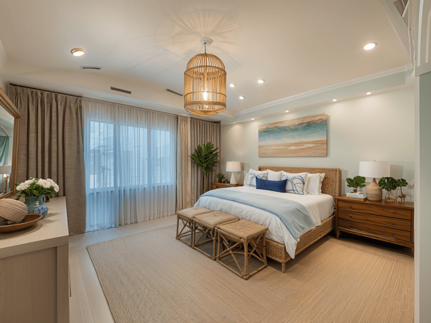download (24) Elegant coastal bedroom with a queen-sized bed, woven headboard, soft blue and white bedding, bamboo nightstands with lamps, framed ocean artwork, and a rattan ceiling light fixture.