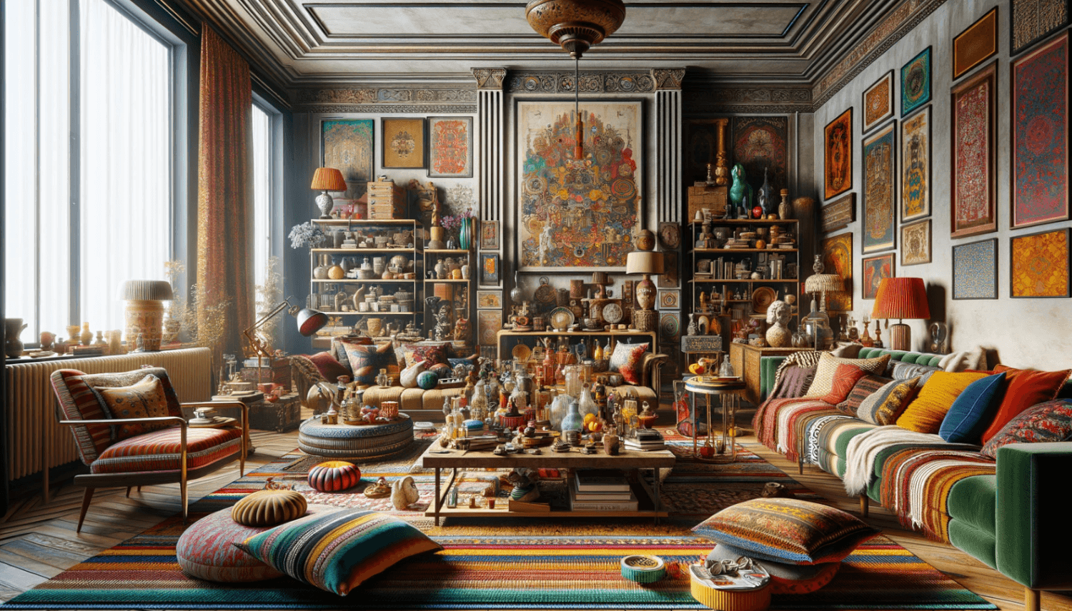 a living room designed in a eclectic maximalist style
