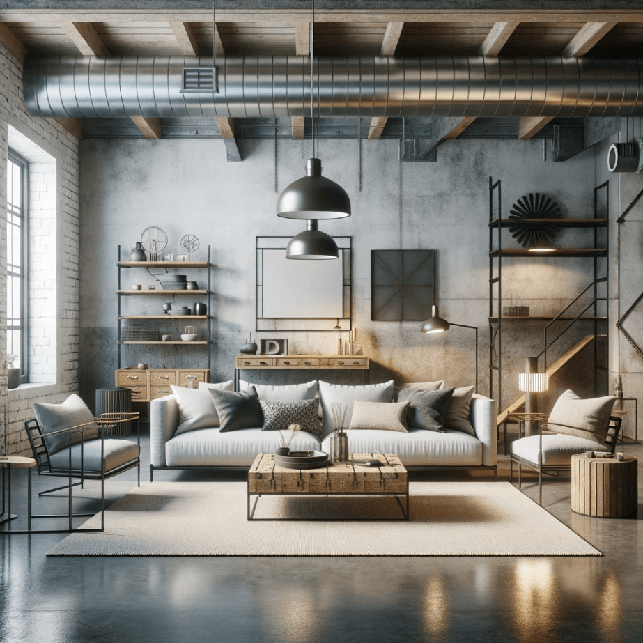 a living room designed in an industrial style