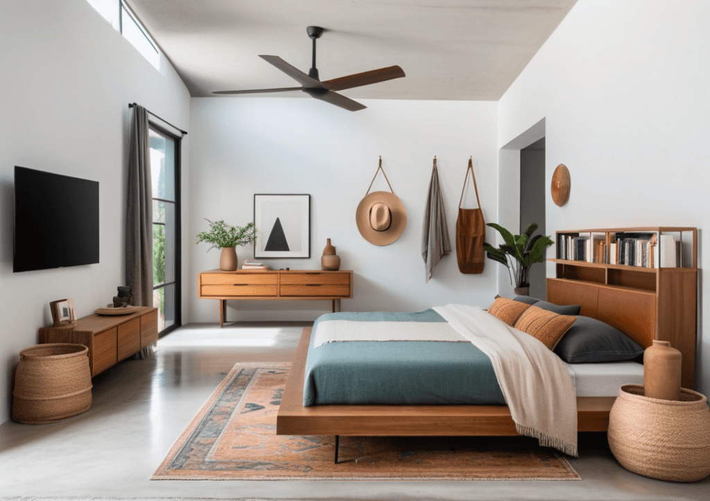 a modern boho bedroom designed in a minimalist style