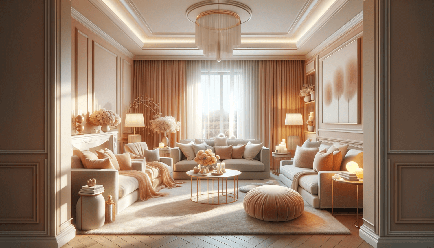 a living room designed with peach fuzz colors