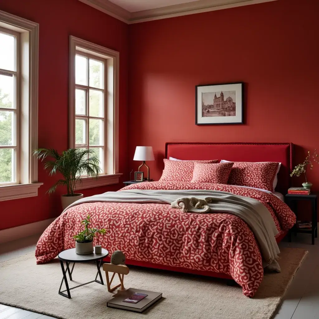 1 Stylish red bedroom featuring chic patterned bedding.