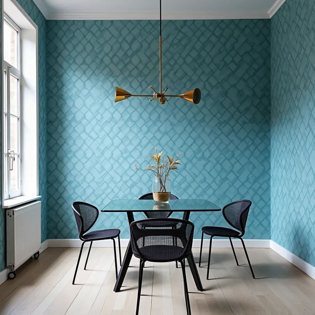 1 Stylish dining area featuring blue geometric wallpaper.
