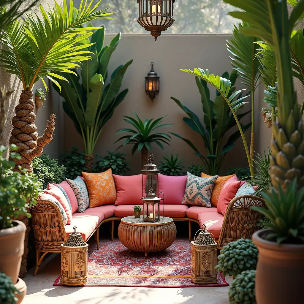 1 Lush patio with vibrant seating and tropical plants